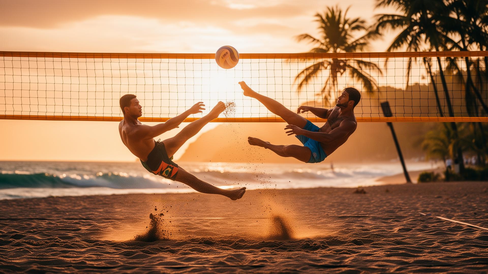 Partida de futevôlei na praia ao pôr do sol