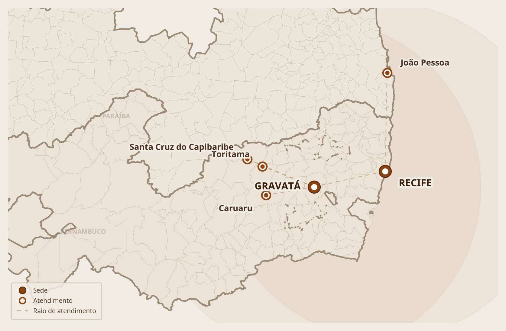 Mapa da área de atendimento BORA! em Pernambuco e Paraíba — Gravatá (sede), Recife, Caruaru, Toritama, Santa Cruz do Capibaribe e João Pessoa